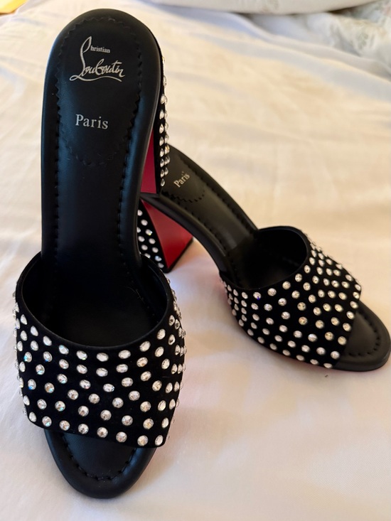 Christian Louboutin Shoes - Christian Louboutin Black Crystal-Stud Slide Mules with Red Sole